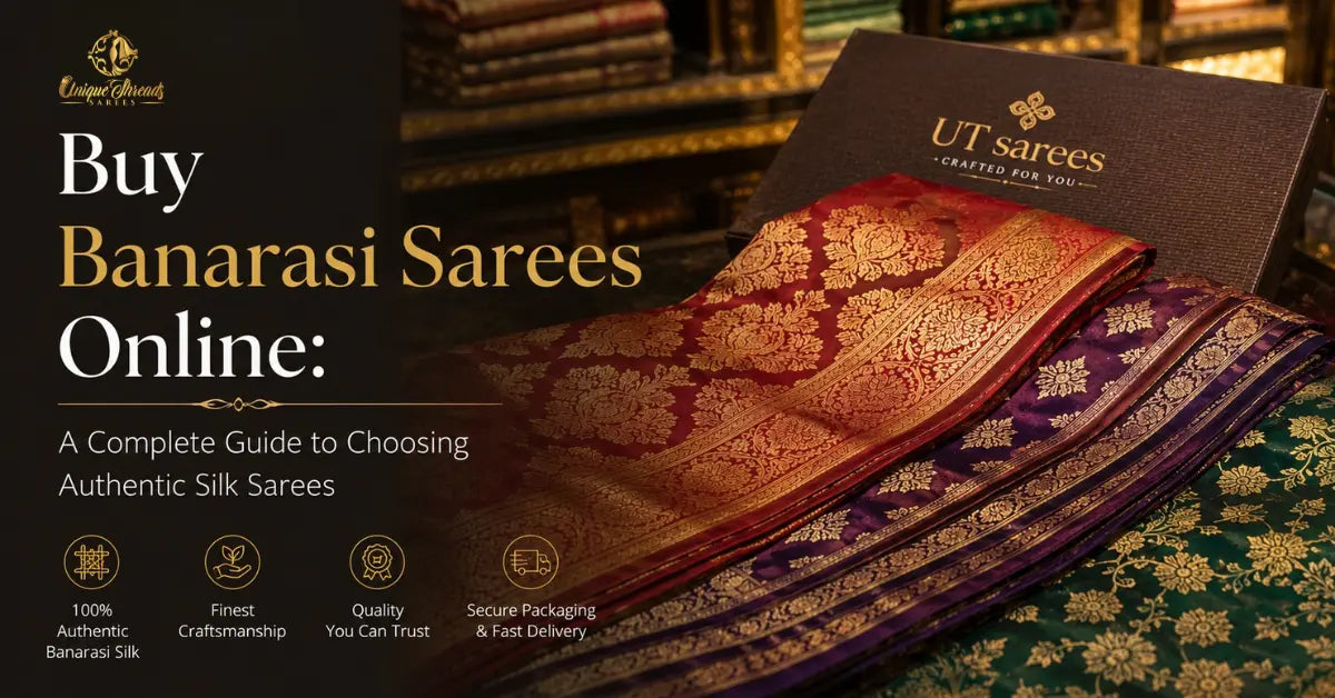 Authentic Banarasi silk sarees online with rich zari work by UT Sarees for bridal, wedding, and festive wear.