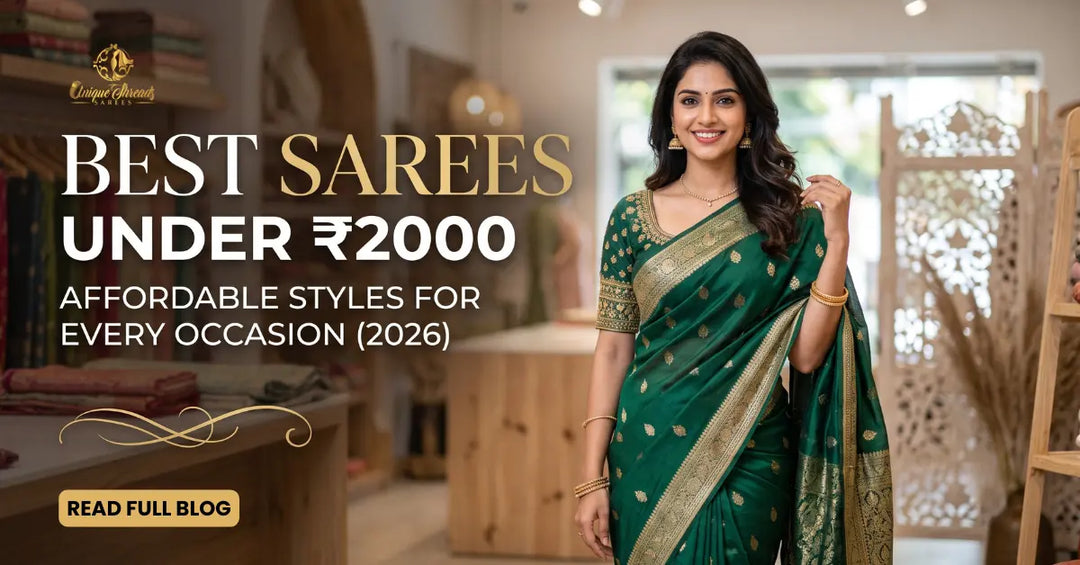 A woman models a green saree with gold woven borders inside a saree boutique. Promotional text advertises the best sarees under ₹2000 with affordable styles for every occasion in 2026. Shelves filled with colorful sarees are visible in the background.