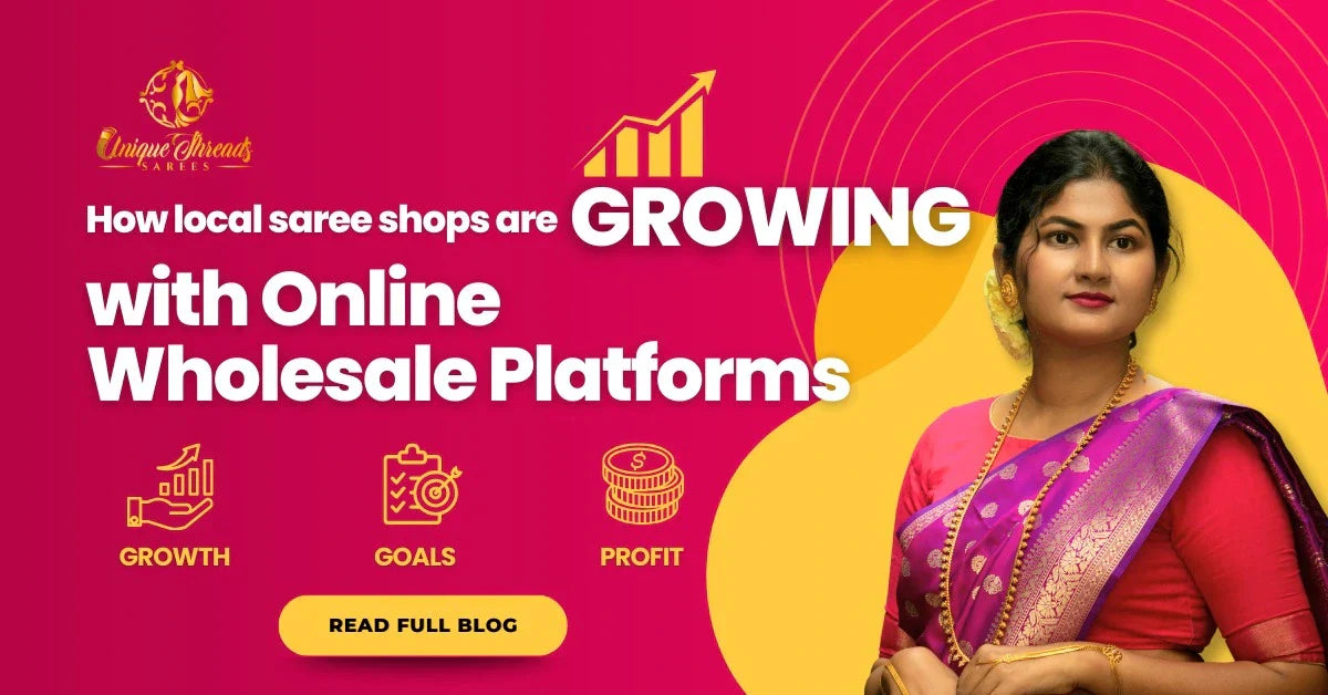 Woman in traditional saree beside bold text about growing local saree shops through online wholesale platforms, with growth, goals, and profit icons.