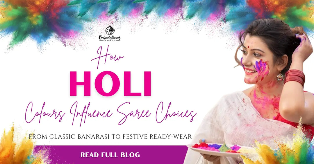 Woman celebrating Holi in a saree with colourful gulal, representing how Holi colours influence festive saree choices from Banarasi to ready-to-wear styles