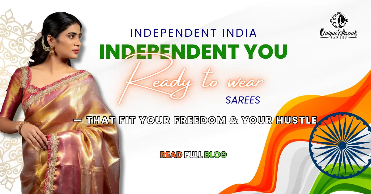 Model wearing a golden silk ready to wear saree with pink border, promoting UT Sarees Independence Day collection and blog on sarees that fit your freedom and hustle.