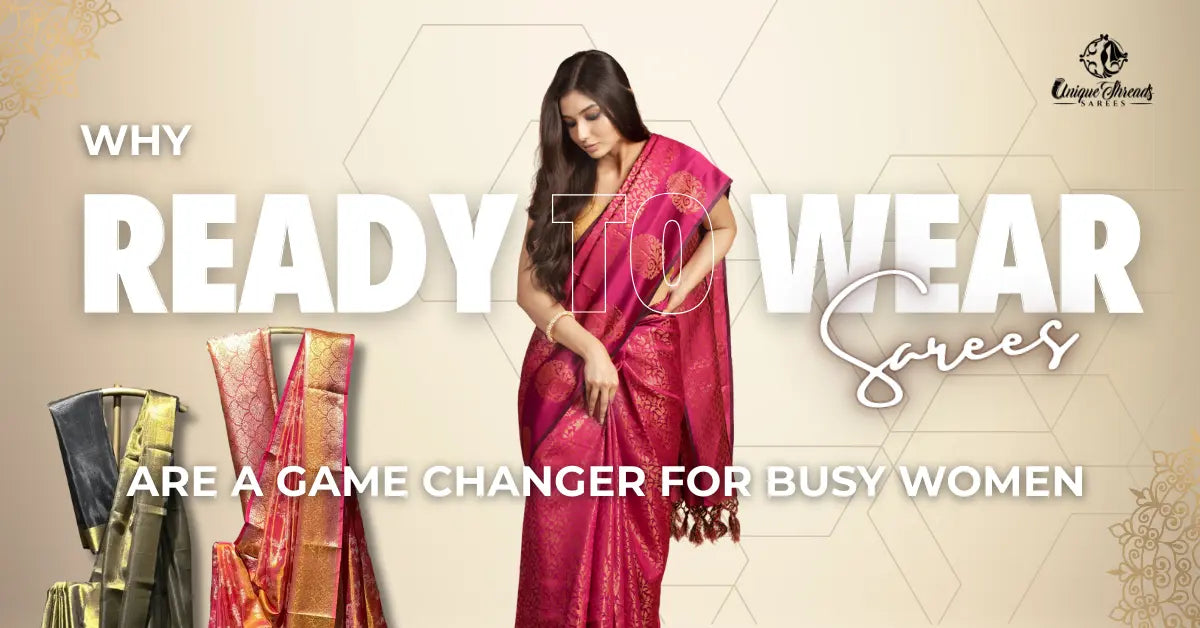 Woman in a pink saree ready to wear sarees by UT sarees on a beige background