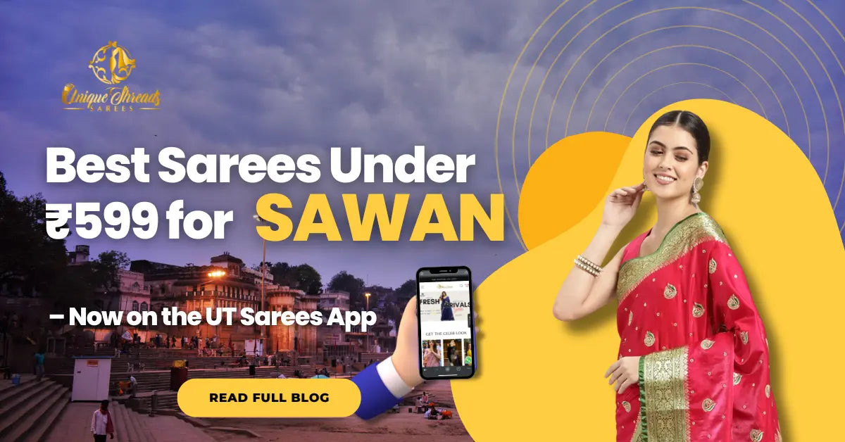 Woman in red saree using UT Sarees online saree shopping app to find best sarees under ₹599