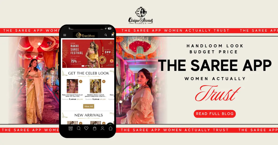 Woman using Unique Thread Sarees app for affordable handloom-look sarees under ₹1000