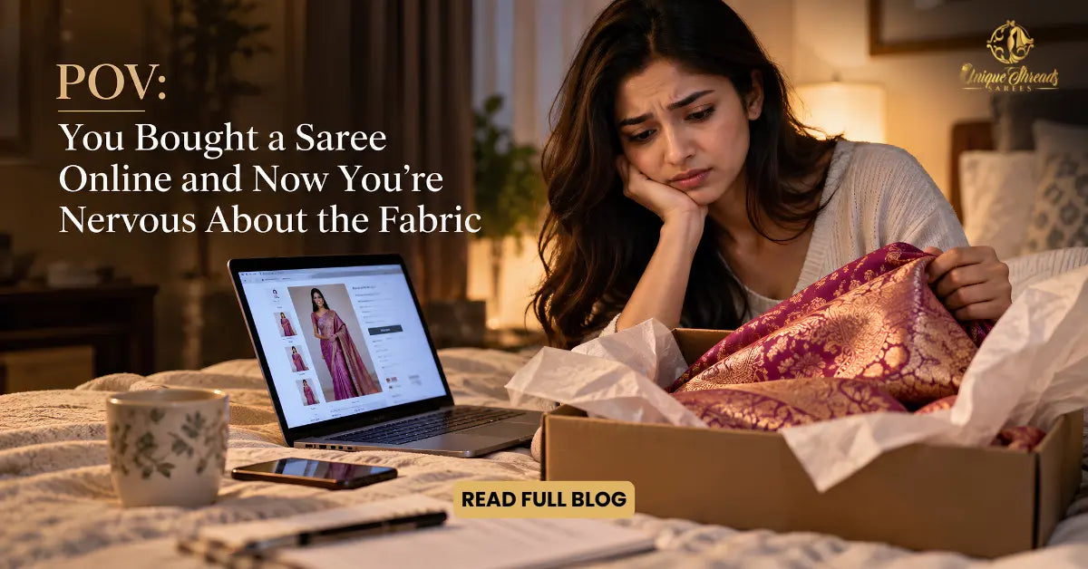 A woman looks worried while holding a newly delivered purple Banarasi saree beside a laptop showing an online saree store, with the text “POV: You Bought a Saree Online and Now You’re Nervous About the Fabric.