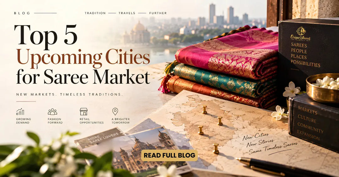 Blog banner about the top 5 upcoming cities for the saree market, featuring colorful silk sarees, a city map, and a luxury editorial layout.