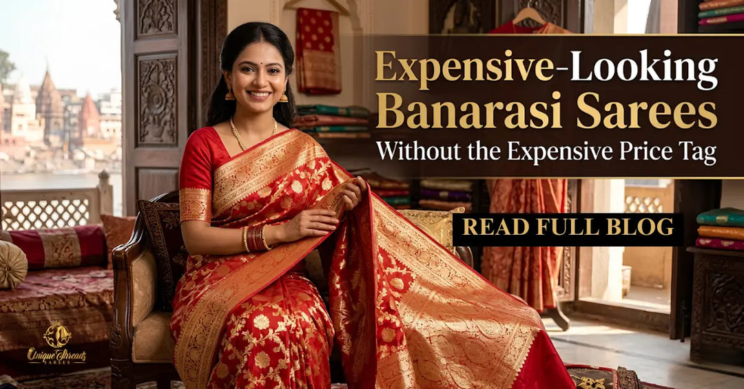 Woman wearing an expensive-looking red Banarasi saree with golden zari work