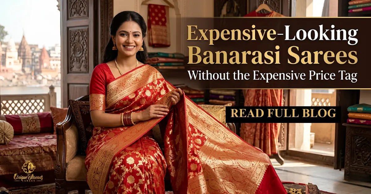 Woman wearing an expensive-looking red Banarasi saree with golden zari work