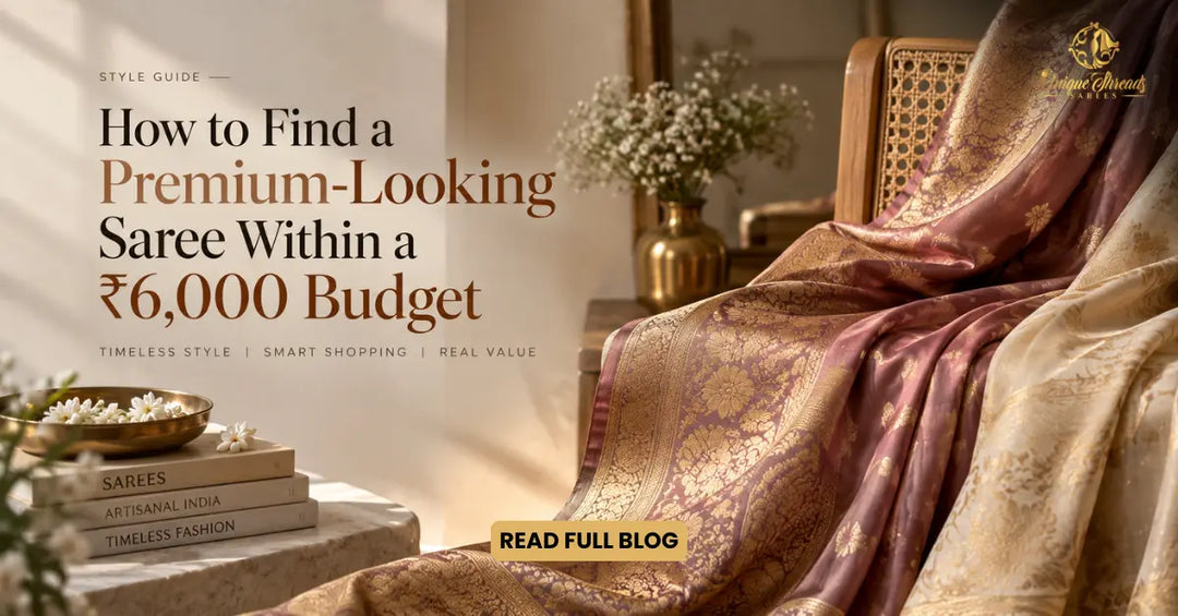 Premium-looking Banarasi sarees in rich mauve and cream tones draped over a wooden chair, with floral motifs and gold detailing, alongside a ₹6,000 saree shopping guide.
