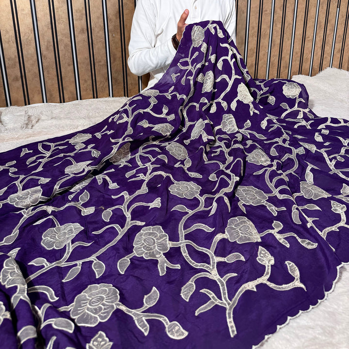 Bright Purple Khaddi Georgette Appliqué Work Saree