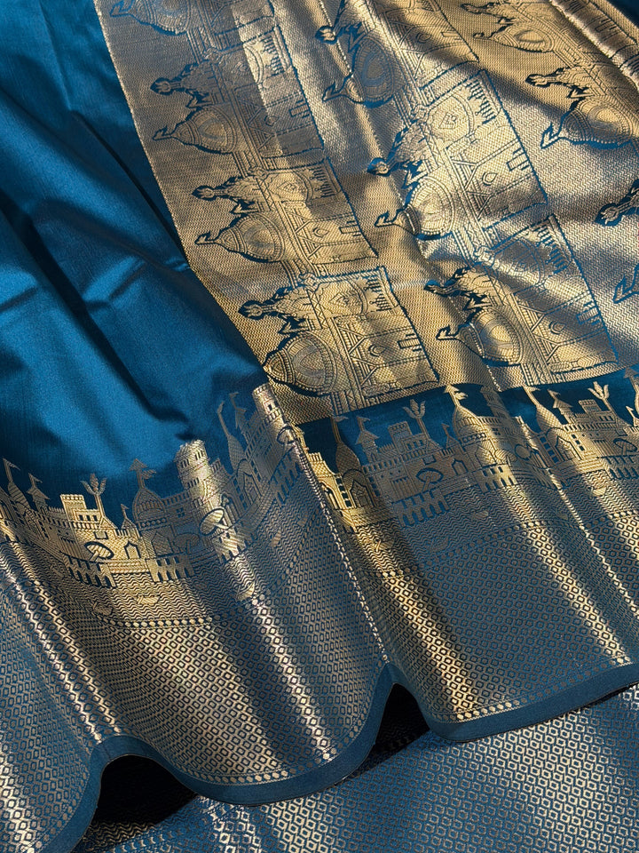 Light Blue Ghats Border Softsilk Banarasi Saree
