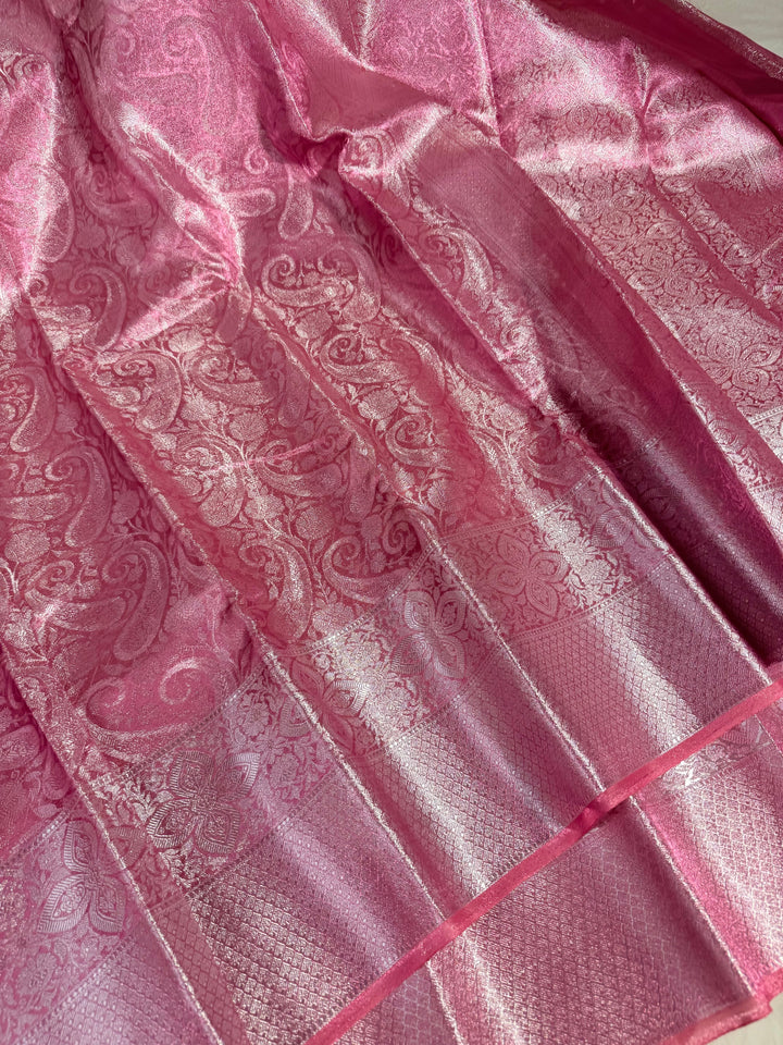 Metallic Pink Glass Tissue Silk Floral Weave Banarasi Saree