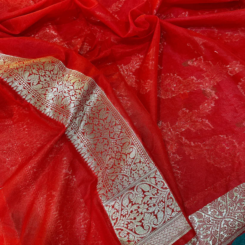 Red Semi Georgette Silk Banarasi Saree