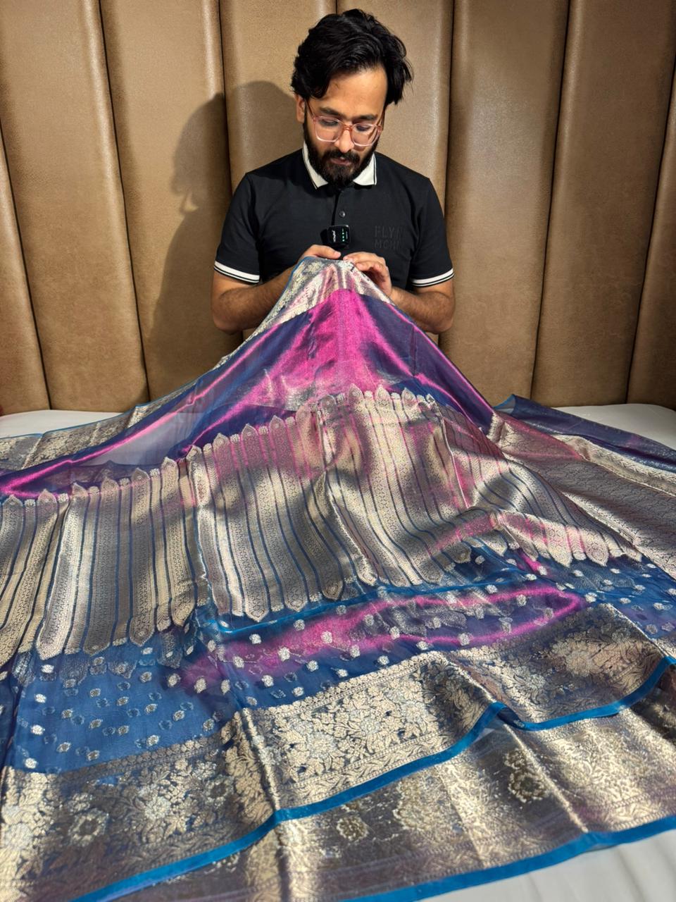 100% Pure Blue shade Banarasi tissue silk saree rich pallu 