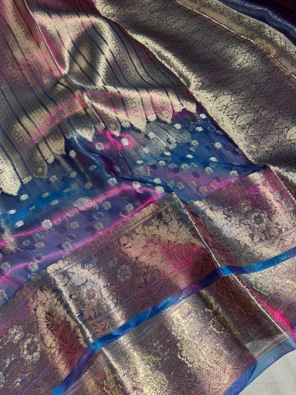 100% Pure Blue shade Banarasi tissue silk saree rich pallu 