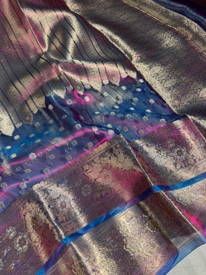 100% Pure Blue shade Banarasi tissue silk saree rich pallu 