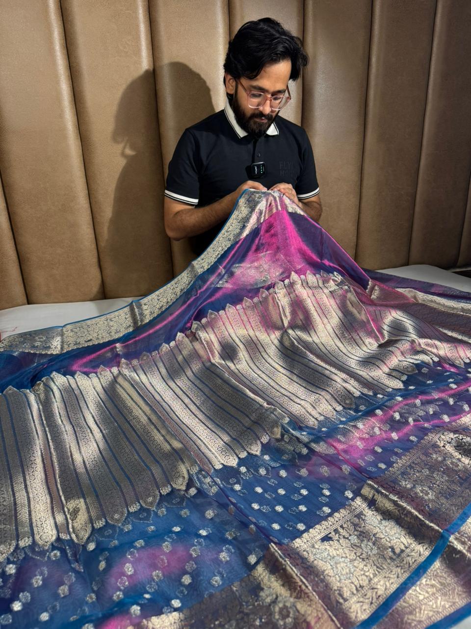 100% Pure Blue shade Banarasi tissue silk saree rich pallu 