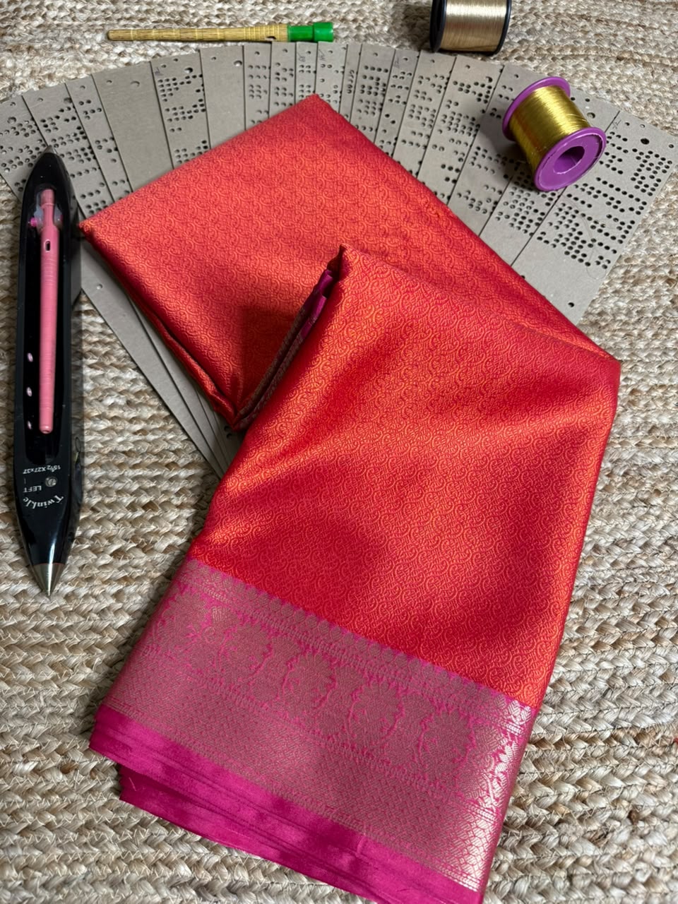 Bright Orange Embossed Tanchui Banarasi Saree