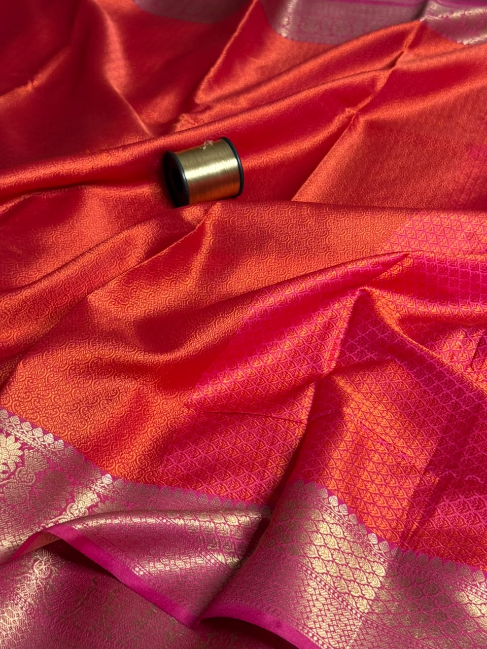 Bright Orange Embossed Tanchui Banarasi Saree