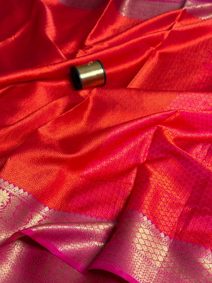 Bright Orange Embossed Tanchui Banarasi Saree