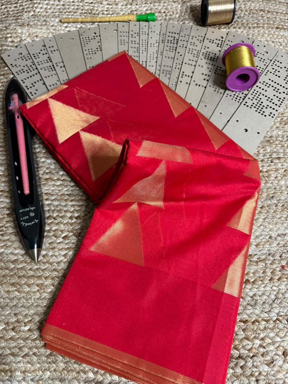Bright Red Temple Buta Soft Cotton Saree