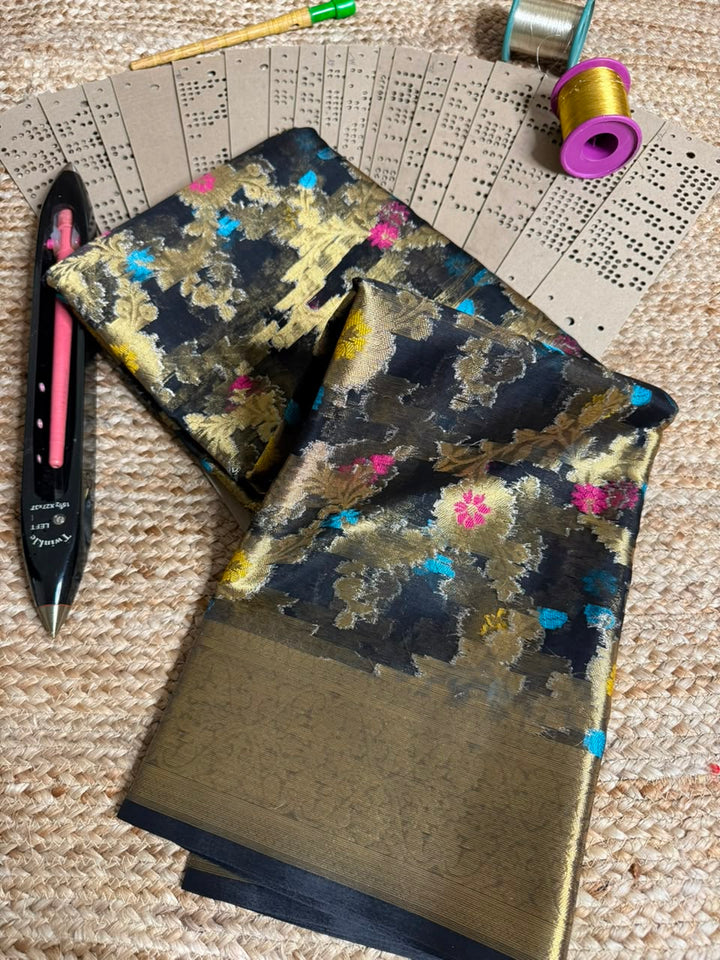 Black Meenakari Floral Organza Banarasi Saree
