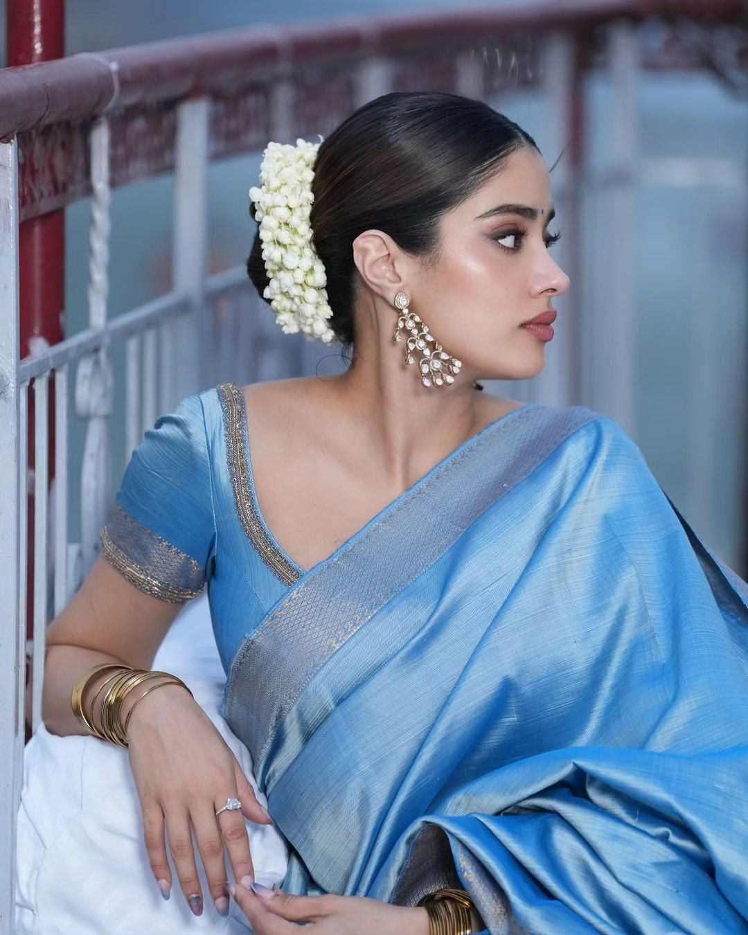 Janhvi kapoor inspired Powder Blue Colour Pure Chiniya Silk Saree