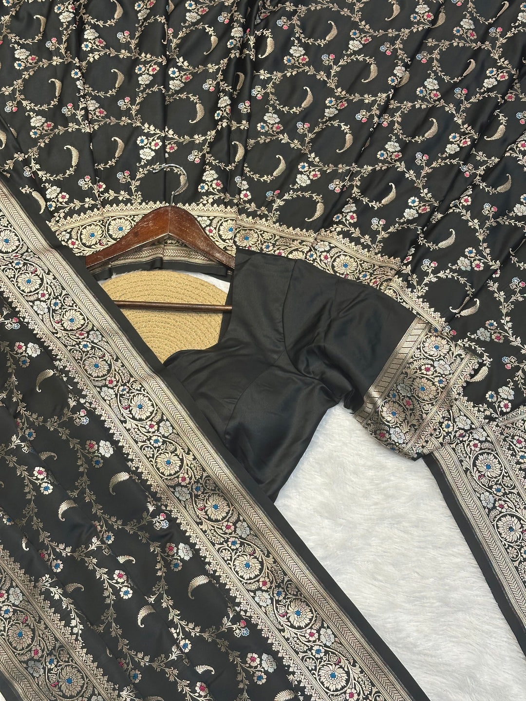 Jet Black Mashru Katan Silk Intricate Meenakari Banarasi Saree