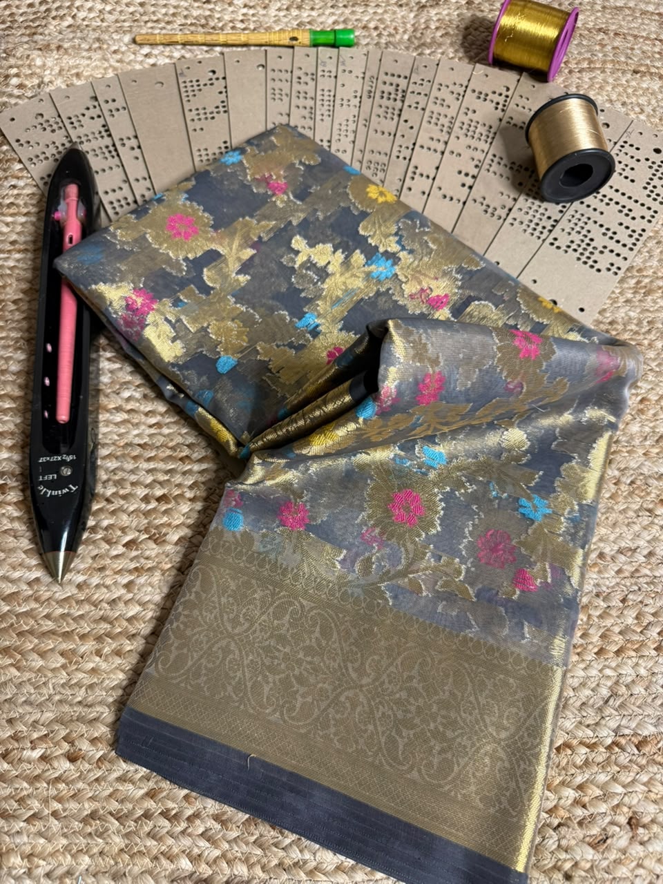 Light Grey Meenakari Floral Organza Saree