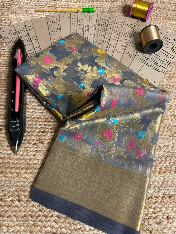 Light Grey Meenakari Floral Organza Saree