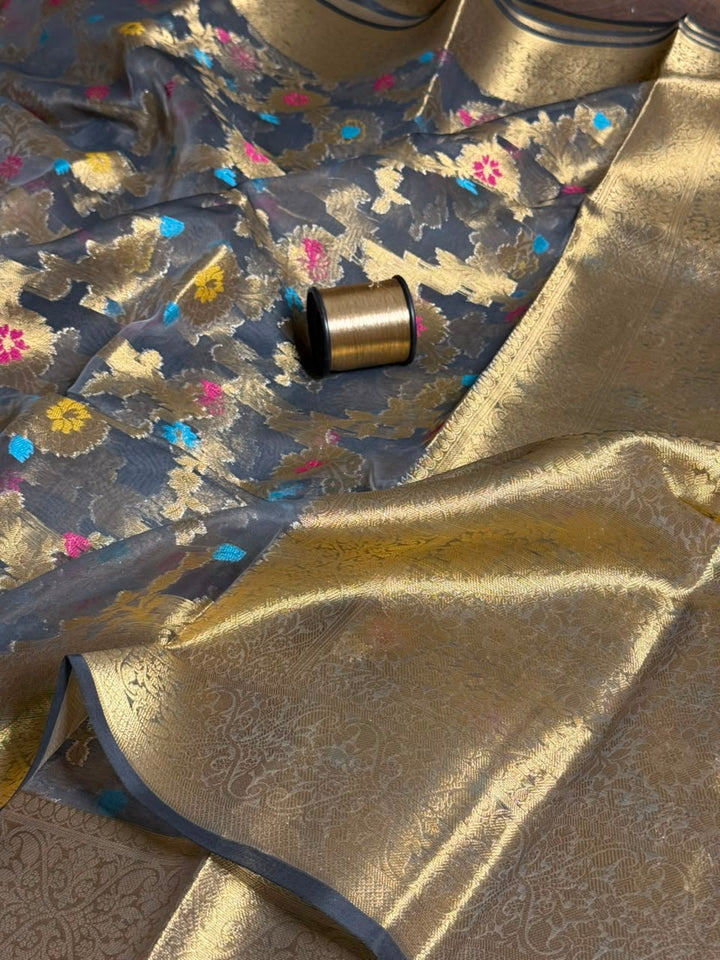 Light Grey Meenakari Floral Organza Saree
