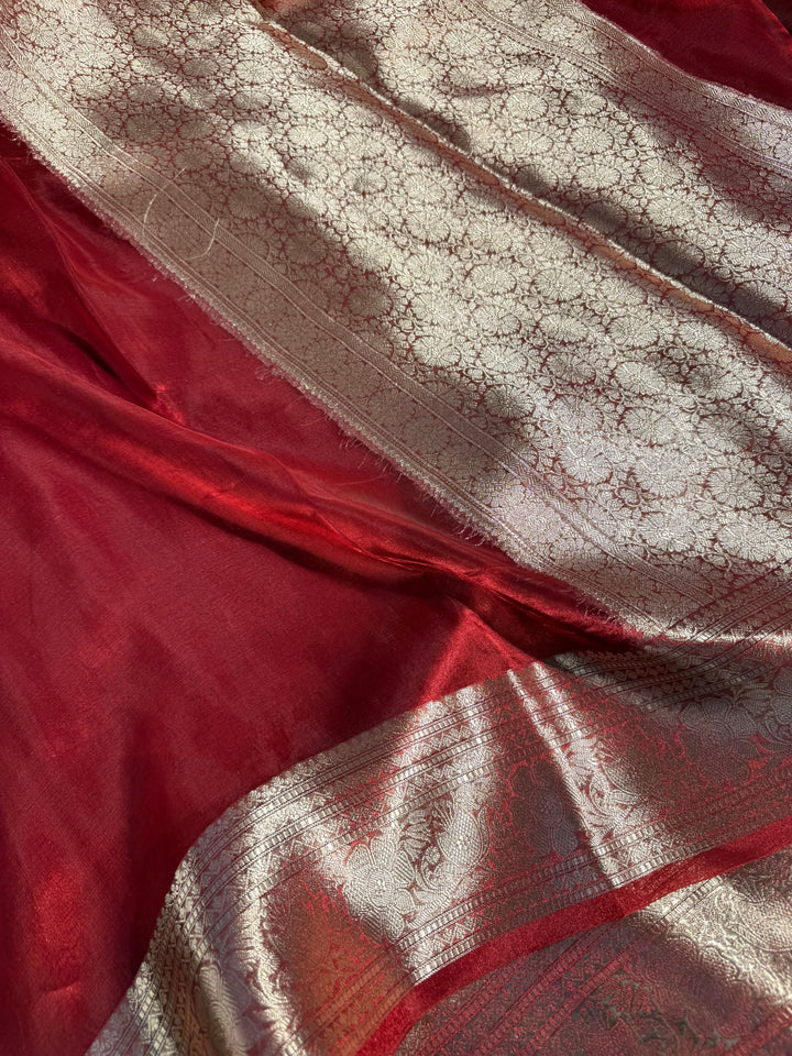 Carmine Red Pure Tissue Silk Banarasi Saree