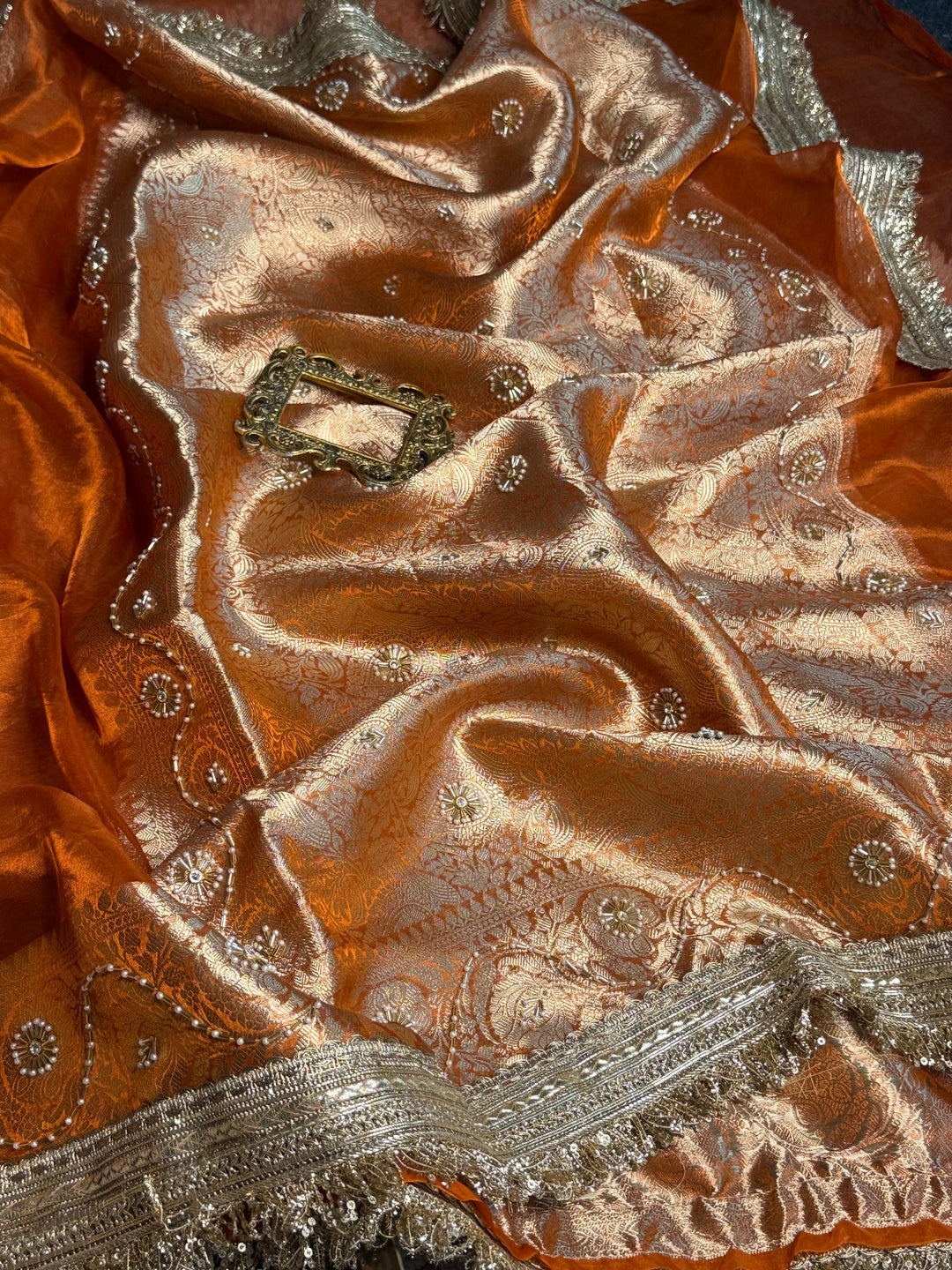 Metallic Orange Pure Tissue Silk Ghungroo Handwork Saree