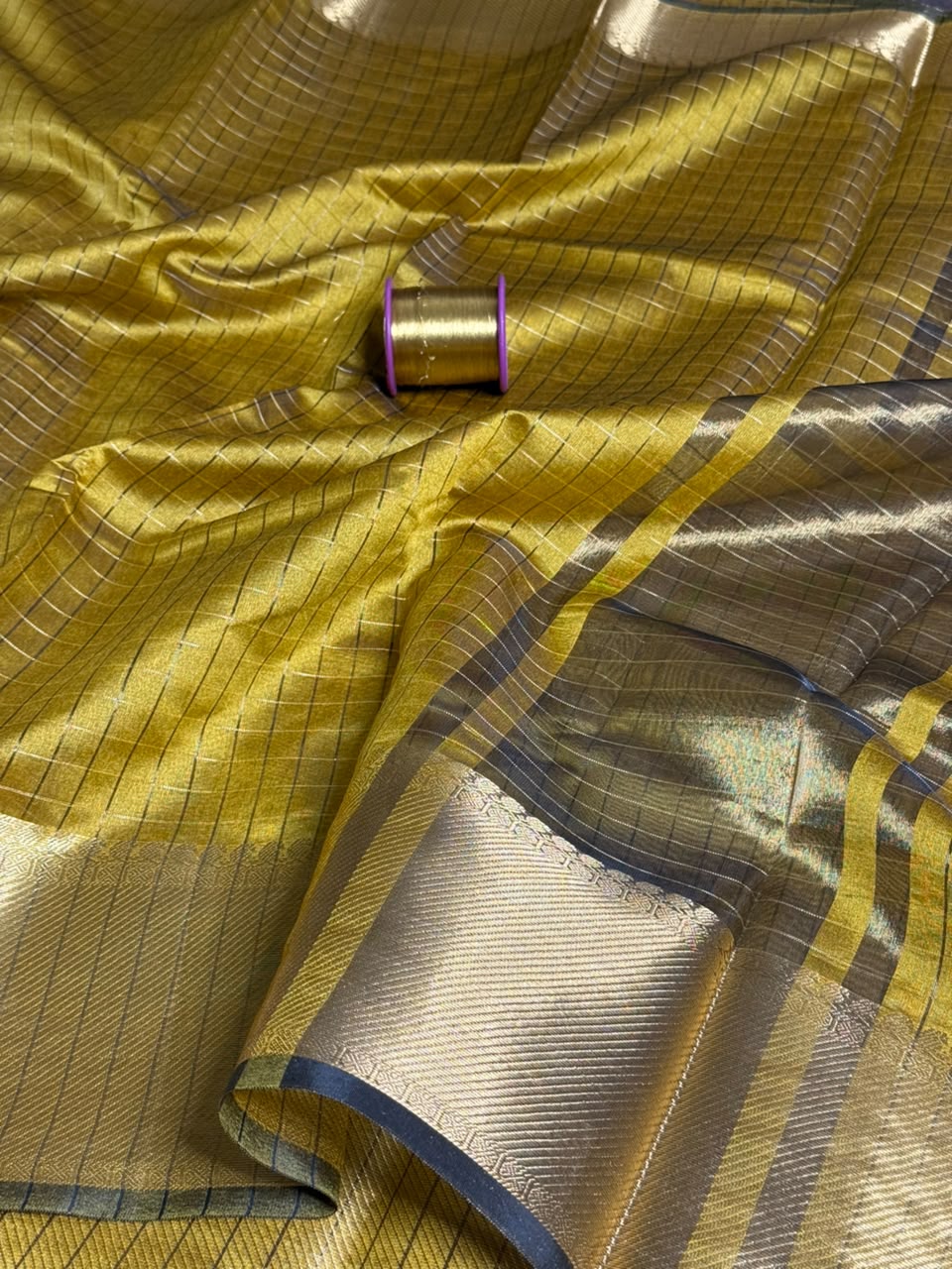 Dark Mustard Cotton Checks Banarasi Saree