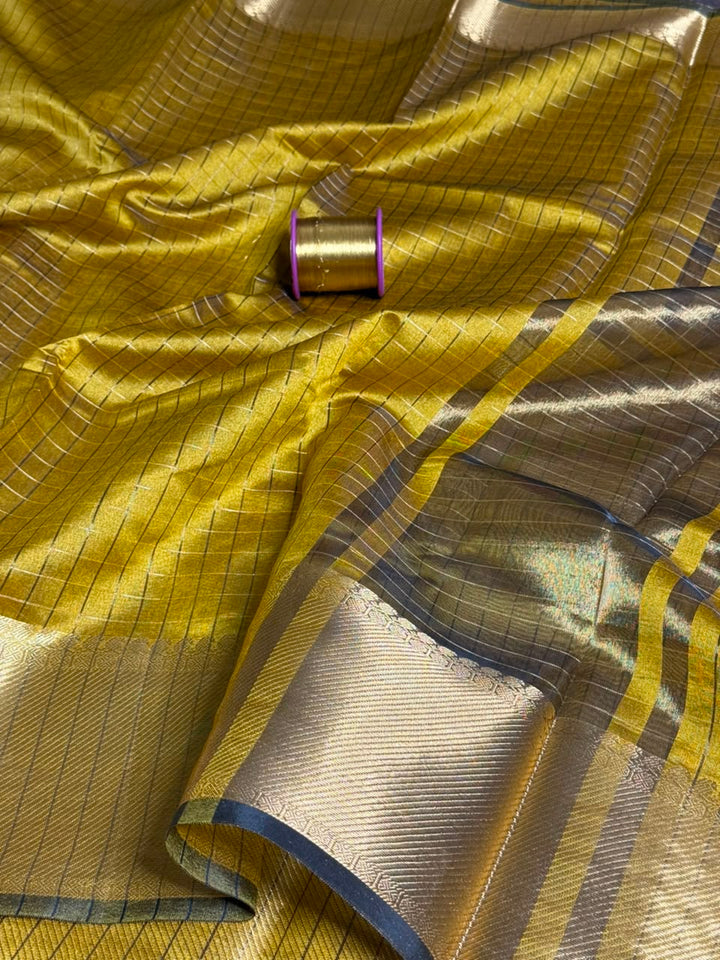 Dark Mustard Cotton Checks Banarasi Saree