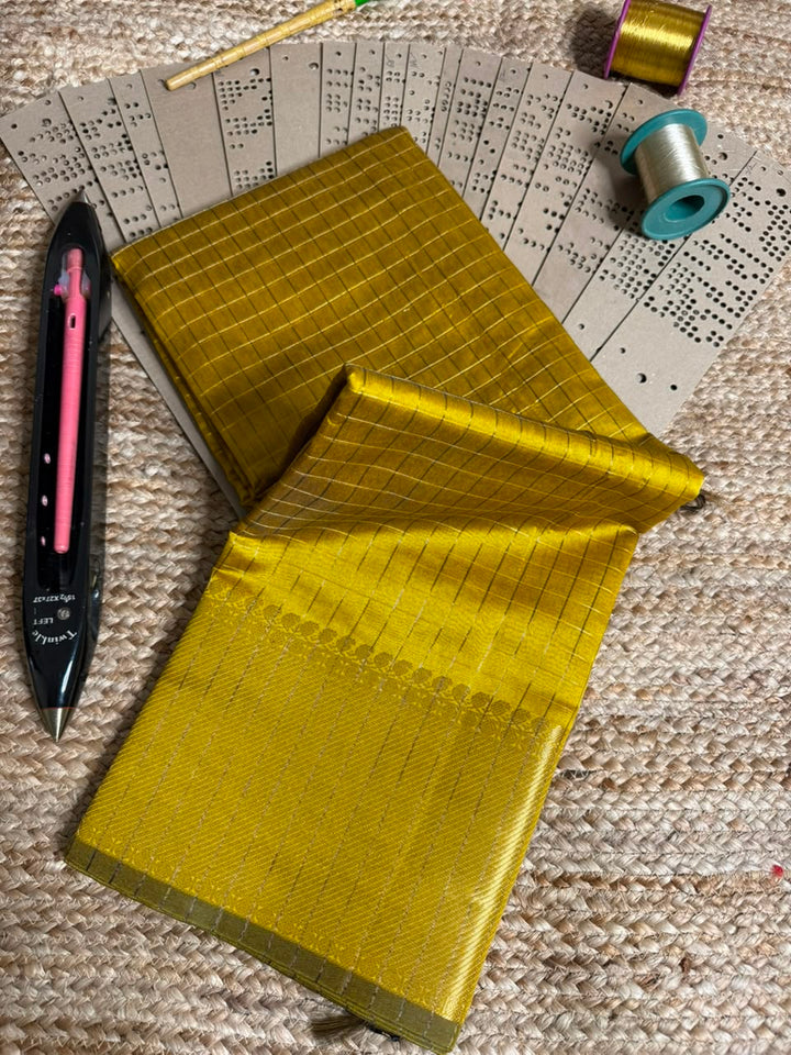 Dark Mustard Cotton Checks Banarasi Saree