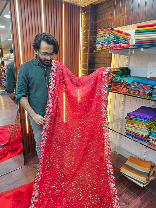 Manish Malhotra Inspired Red Colour Heavy Sequence Work Saree