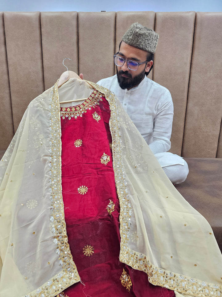 Red Pakistani Beauty Suit with Stitched Bottom