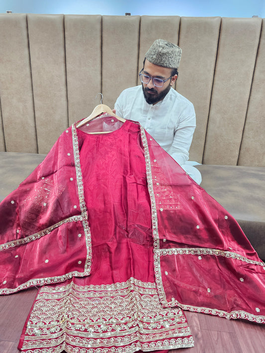 Red Pakistani Beauty Suit with Stitched Bottom