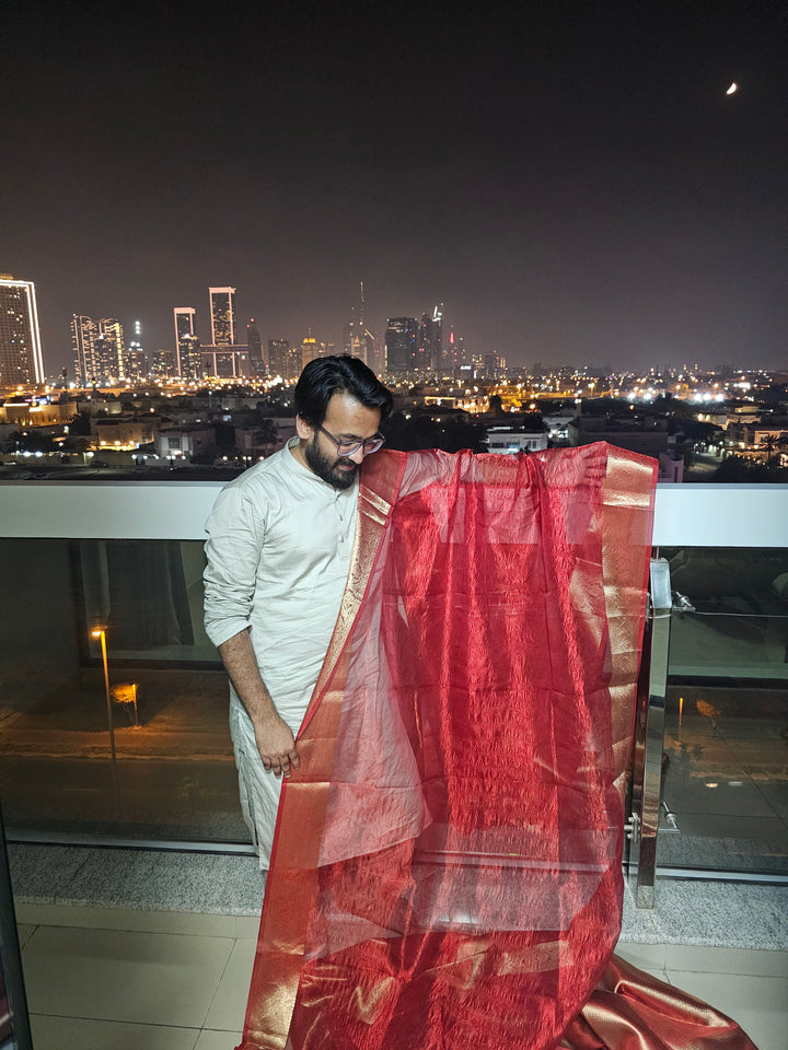 Blood red Colour Crush Tissue Saree