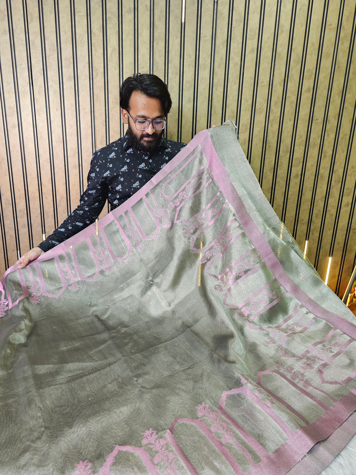 Premium Unique Ash tissue Saree with rose pink zari