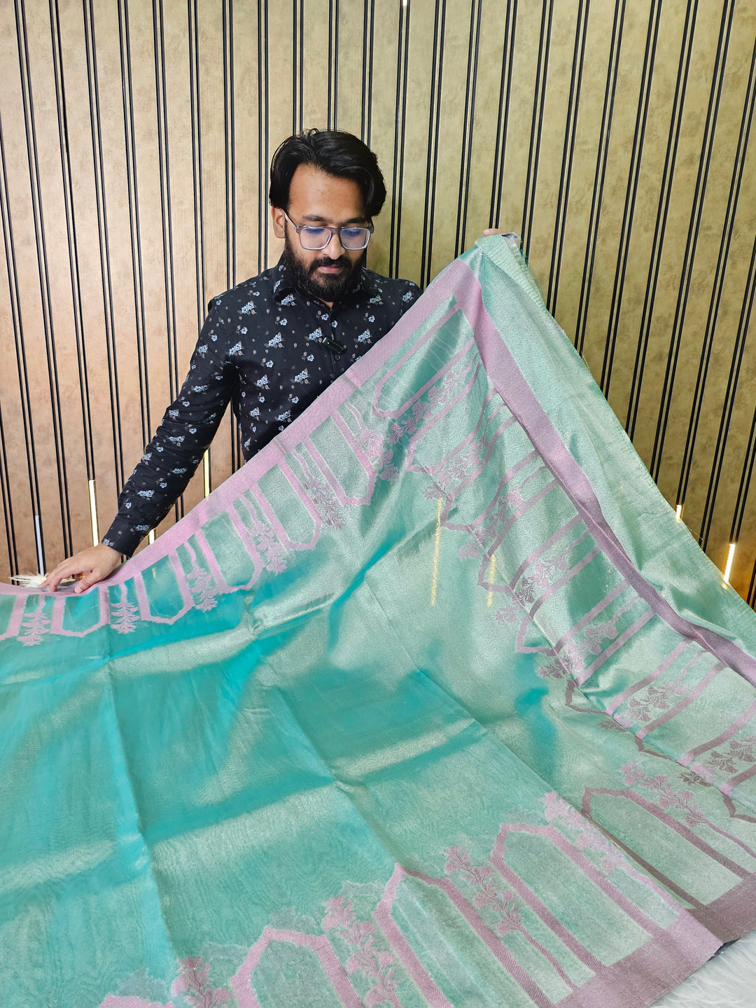 Premium Unique Sea green tissue Saree with rose pink zari