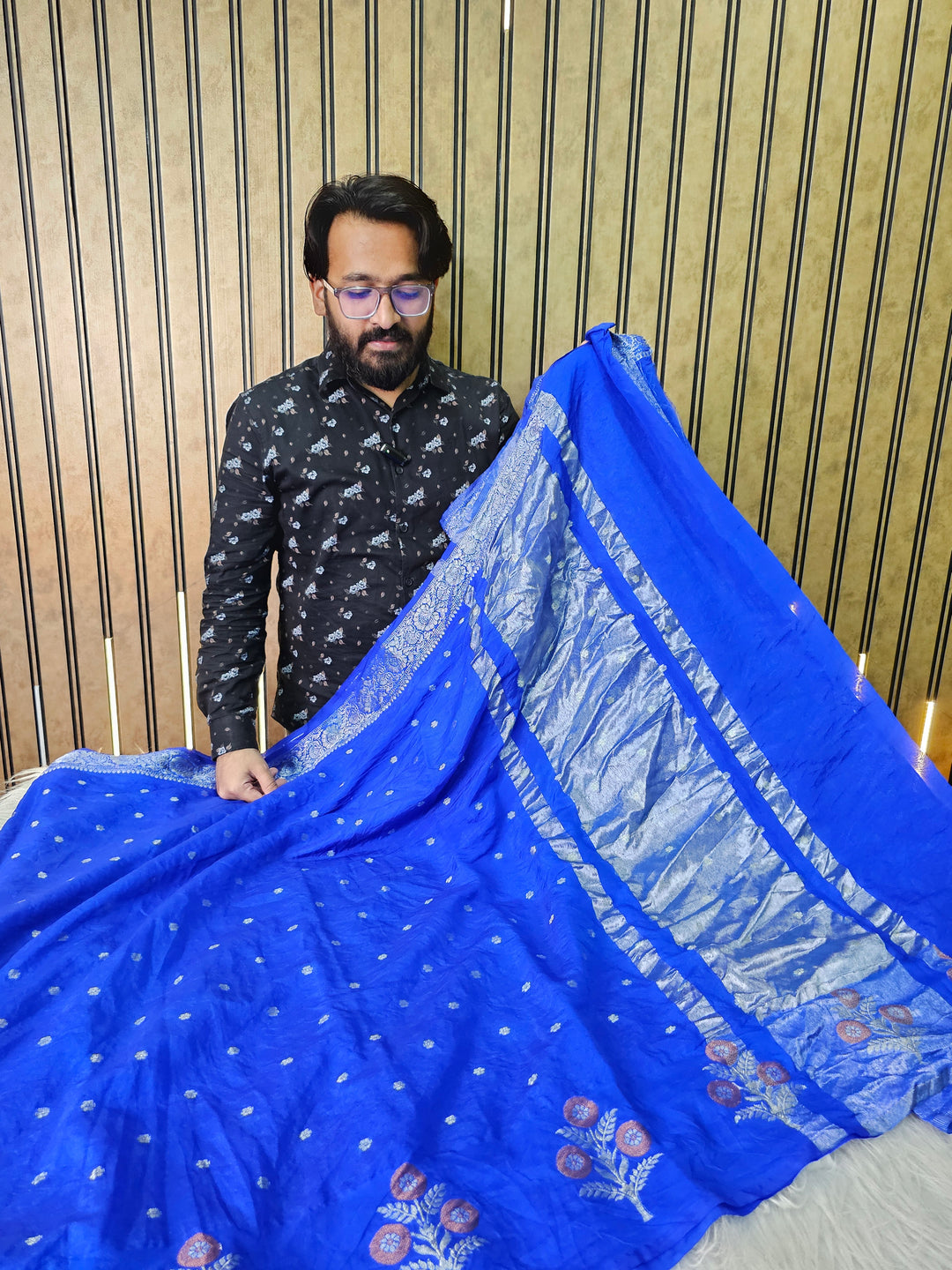 Handloom inspired warm silk royal blue shade saree