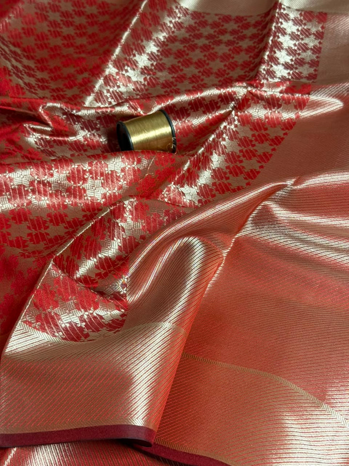 Bright Red Brocade Softsilk Banarasi Saree