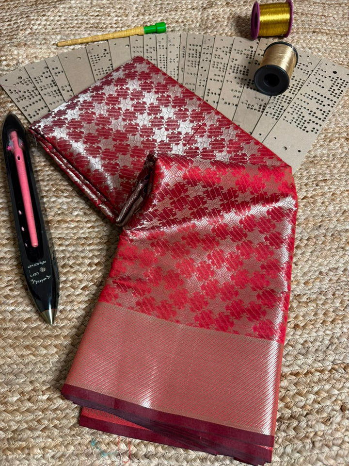 Bright Red Brocade Softsilk Banarasi Saree