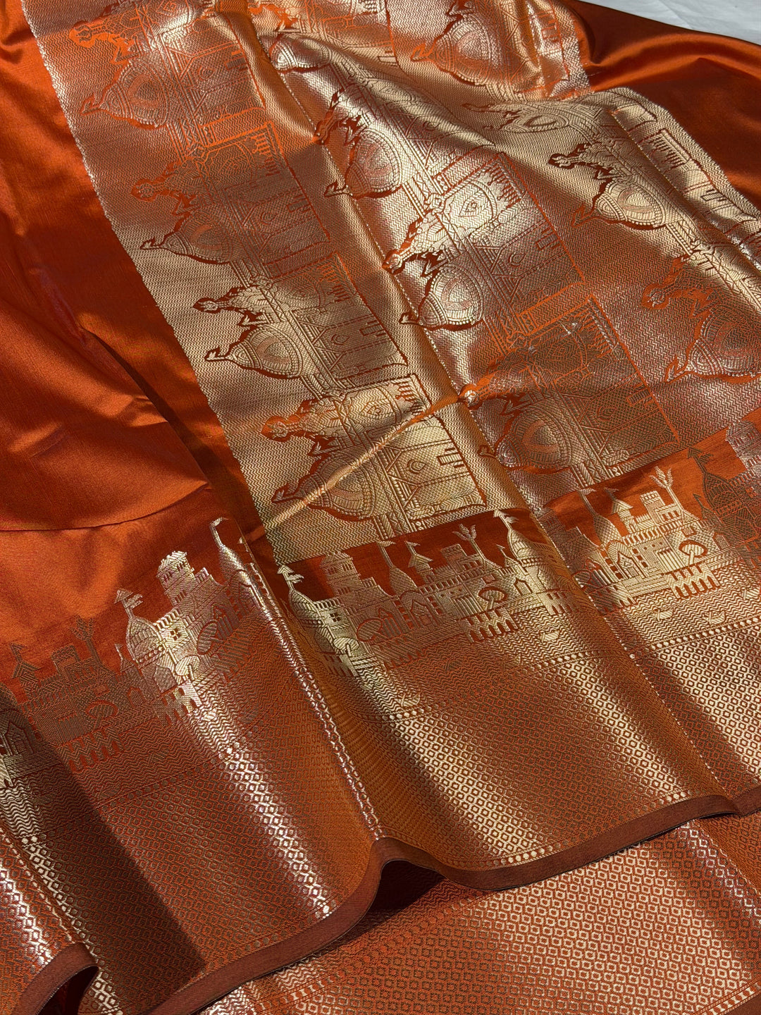 Rusted Orange Ghats Border Softsilk Banarasi Saree
