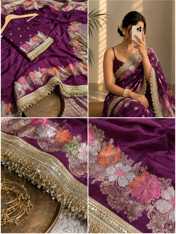 Bright Purple Warm Silk Contemporary Lace Work Saree