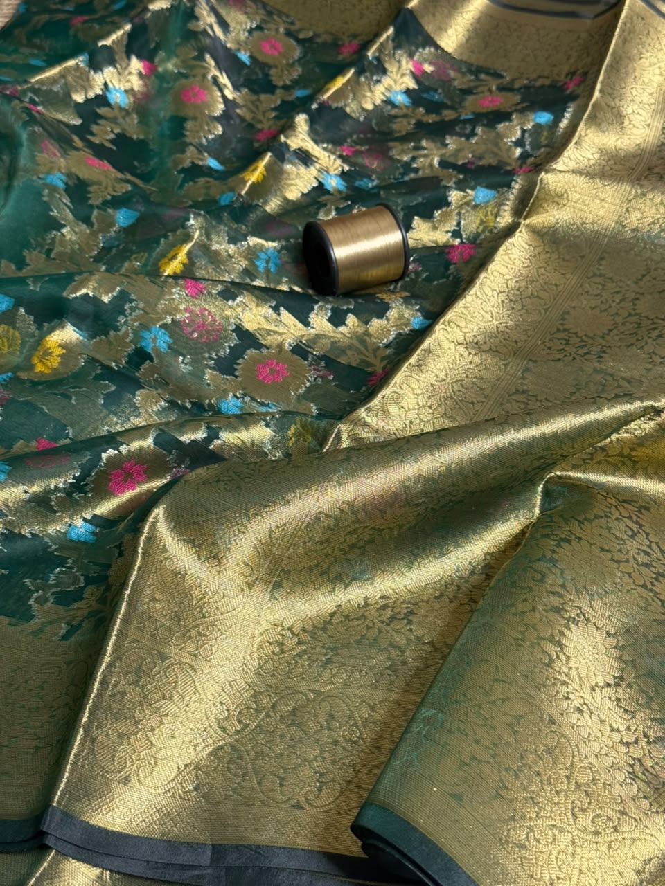Bottle Green Meenakari Floral Organza Saree