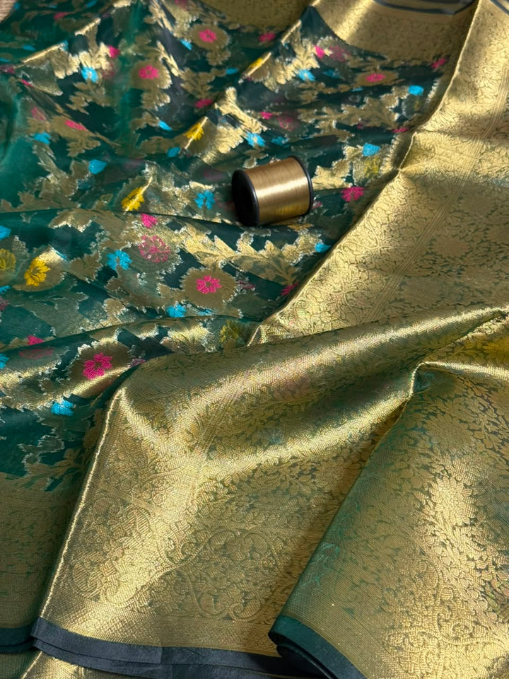 Bottle Green Meenakari Floral Organza Saree