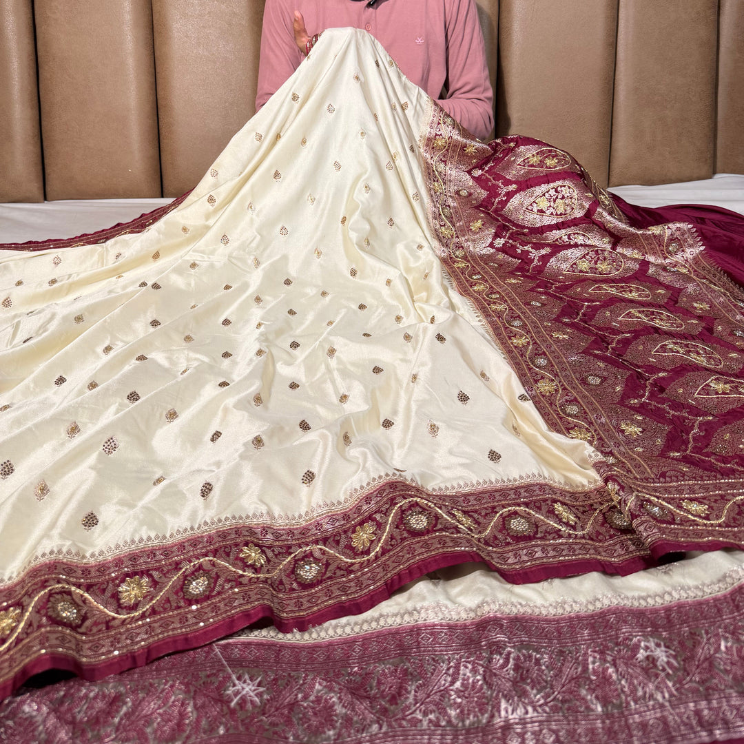 Off White Mashru Katan Silk Handwork Banarasi Saree